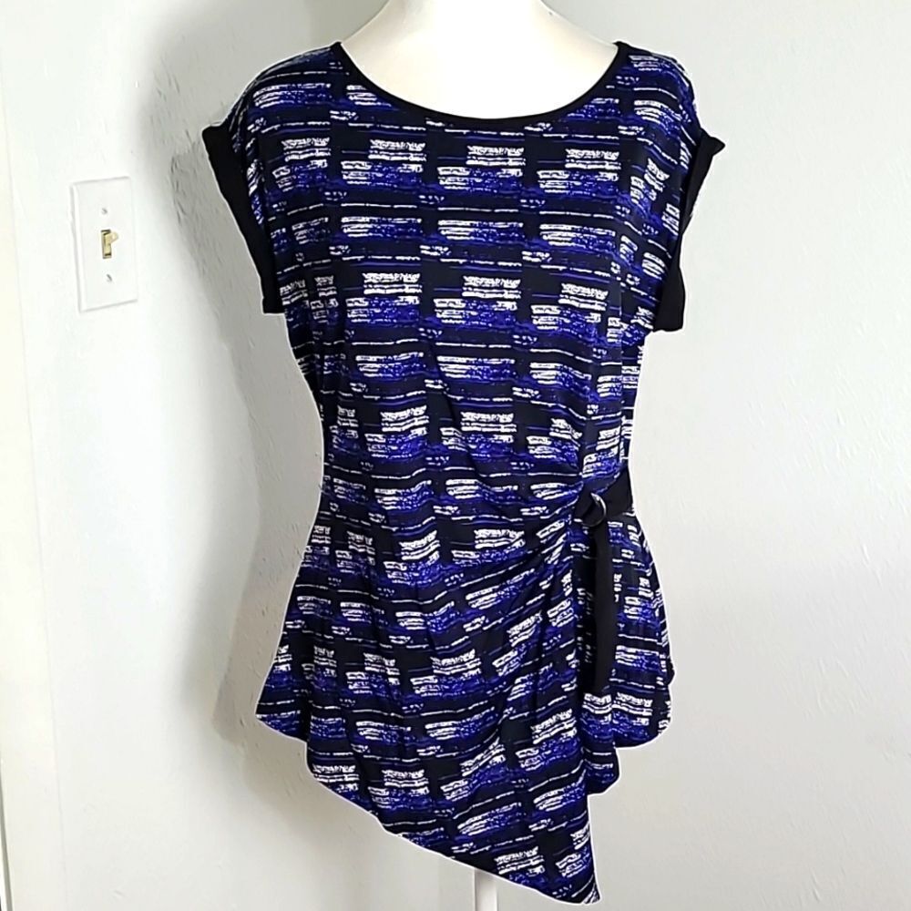 Mandy Evans Navy, Black & White Print Top, Aysemetrical Hem with Belt, Sz Large